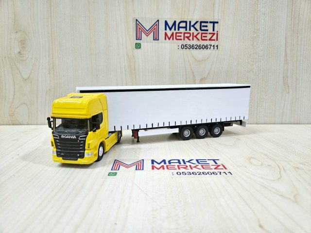 1/64 sarı SCANIA R730 TENTE DORSELİ TIR MAKETİ (25 cm boy)